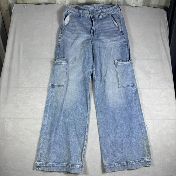 American Eagle Outfitters Denim - American Eagle Womens Baggy Wide-Leg Cargo Jeans Blue Denim Stretch 8 Regular